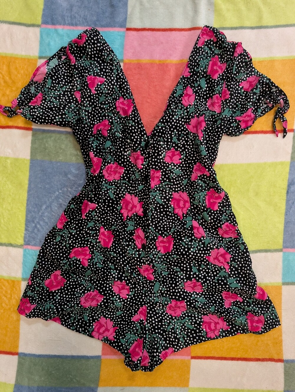 Motel Rocks Floral Rose Romper Black and White Polka Dots Button Up